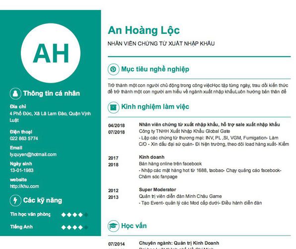 Mẫu CV NHÂN VIÊN CHỨNG TỪ XUẤT NHẬP KHẨU