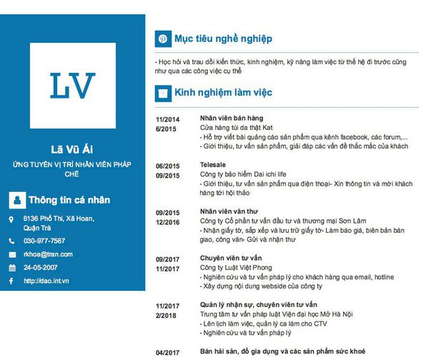 Mẫu CV ỨNG TUYỂN VỊ TRÍ NHÂN VIÊN PHÁP CHẾ