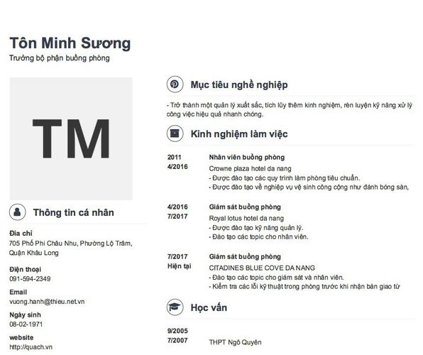 Mẫu CV Trưởng bộ phận buồng phòng