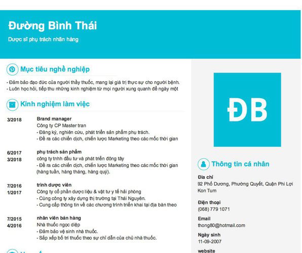Mẫu CV Dược sĩ phụ trách nhãn hàng