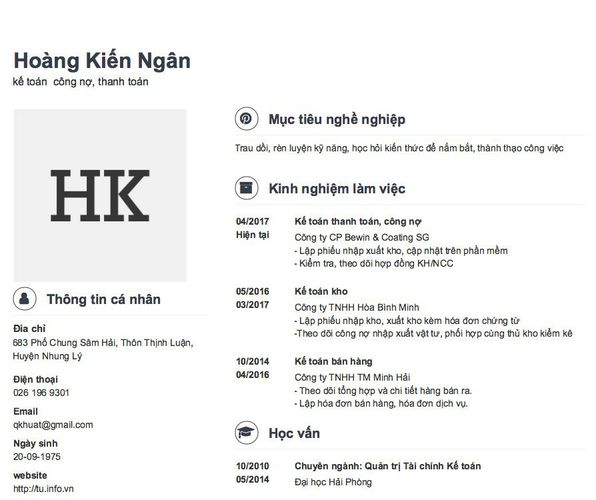 Mẫu CV kế toán  công nợ, thanh toán