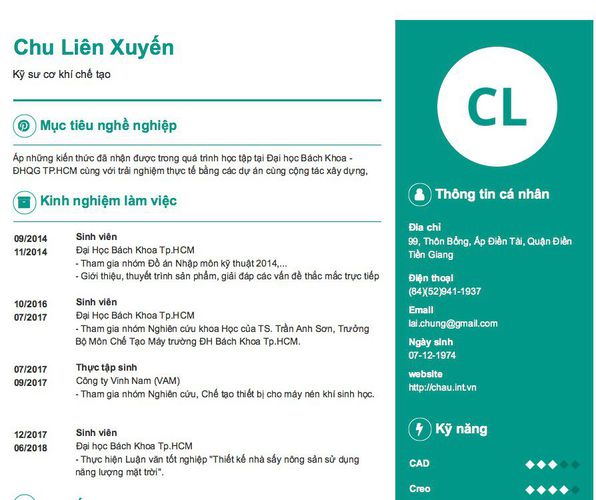 Mẫu CV Kỹ sư cơ khí chế tạo