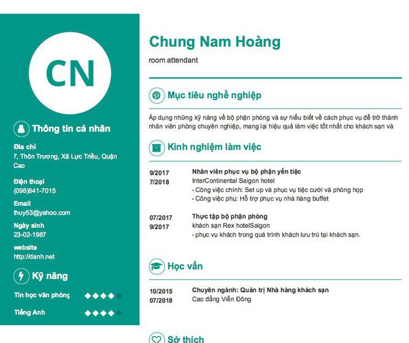 Mẫu CV room attendant