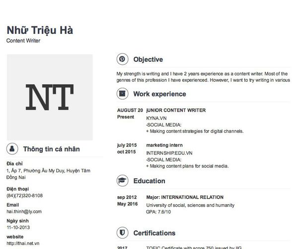 Mẫu CV Content Writer