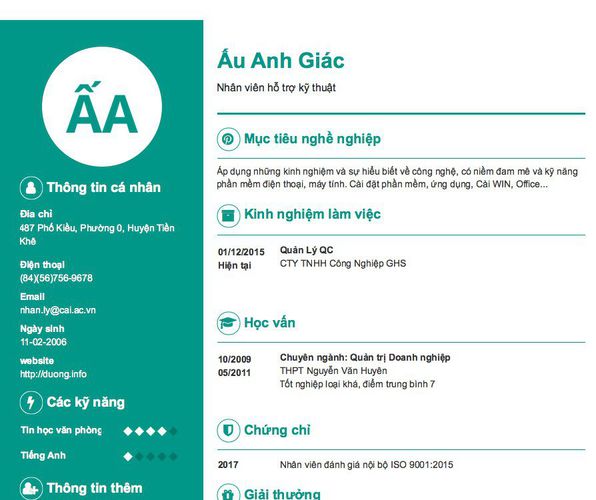 Mẫu CV Nhân viên hỗ trợ kỹ thuật