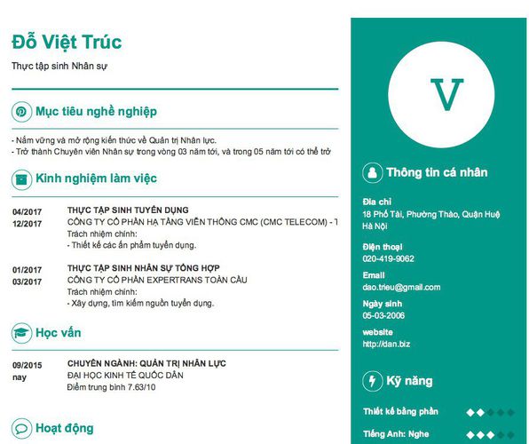 Mẫu CV Thực tập sinh Nhân sự
