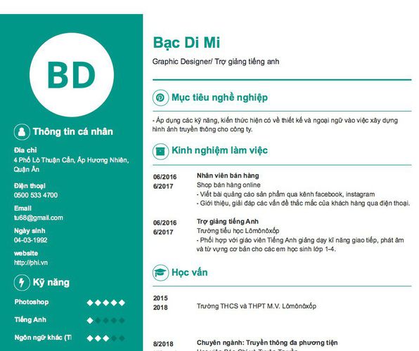 Mẫu CV Graphic Designer/ Trợ giảng tiếng anh