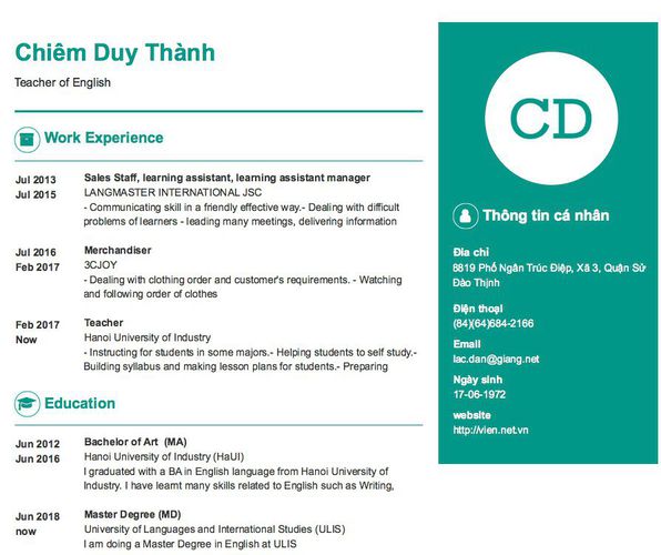 Mẫu CV Teacher of English
