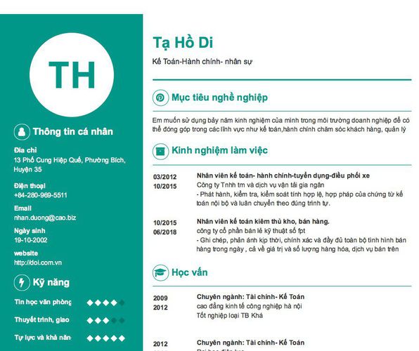 Mẫu CV Kế Toán-Hành chính- nhân sự