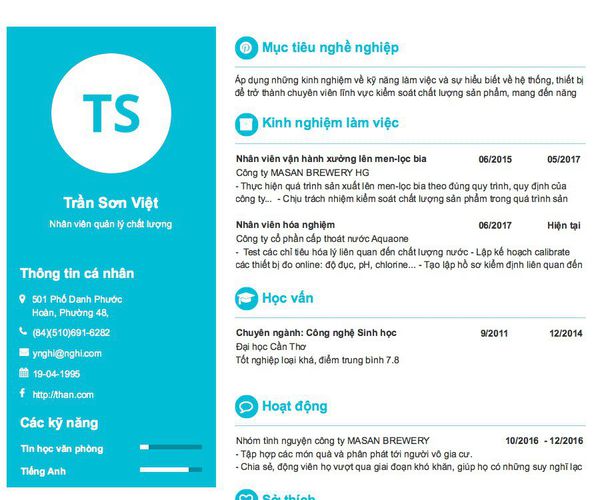 Mẫu CV Nhân viên quản lý chất lượng