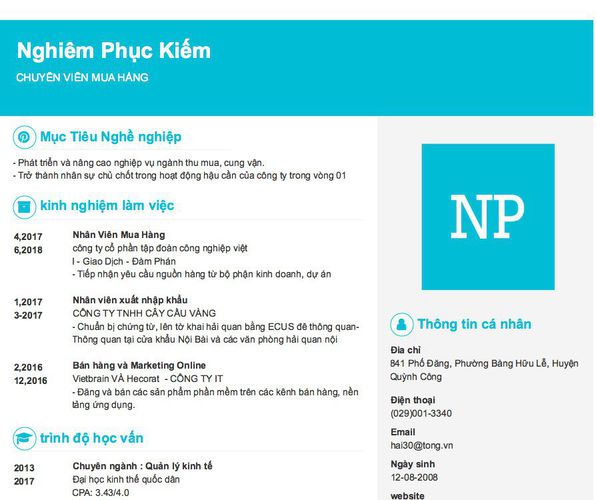 Mẫu CV CHUYÊN VIÊN MUA HÀNG