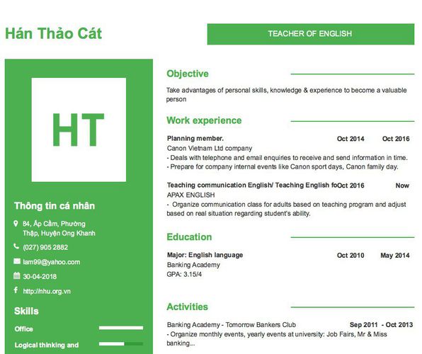 Mẫu CV TEACHER OF ENGLISH
