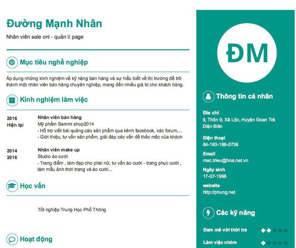 Gợi ý cách viết Mẫu CV tham khảo Nhân viên sale onl - quản lí page