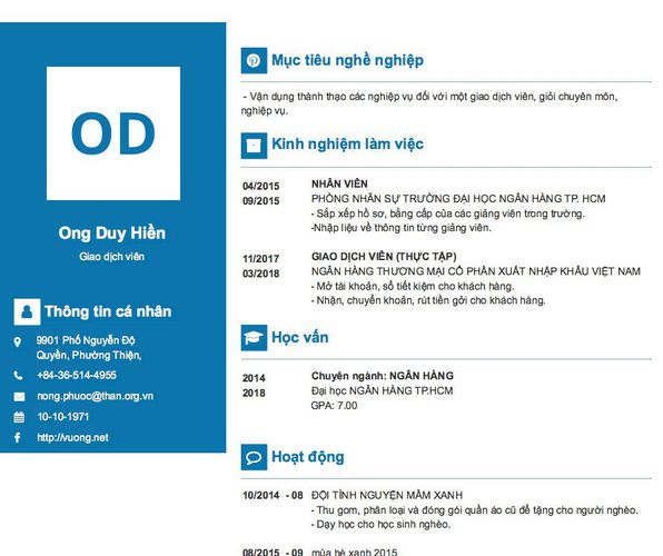 Mẫu CV Giao dịch viên