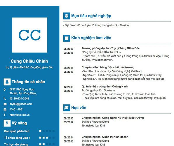 Mẫu CV trợ lý giám đốc/phó tổng/tổng giám đốc