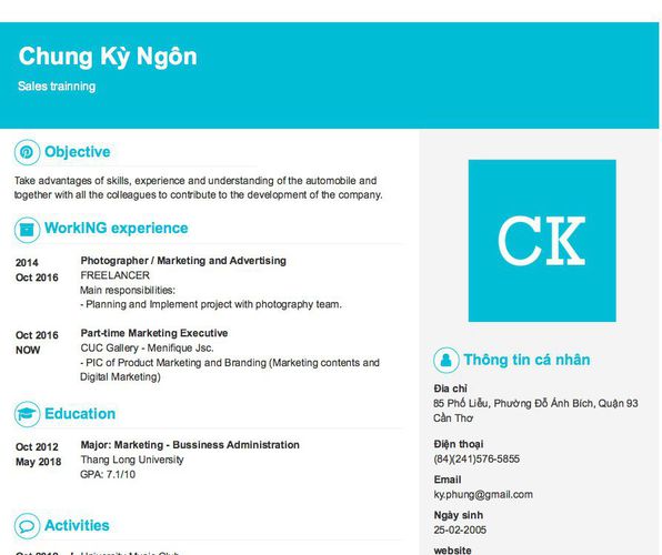 Mẫu CV Sales trainning