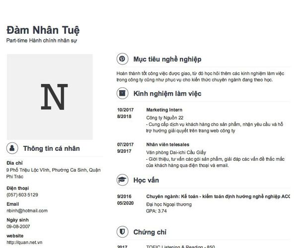 Mẫu CV Part-time Hành chính nhân sự