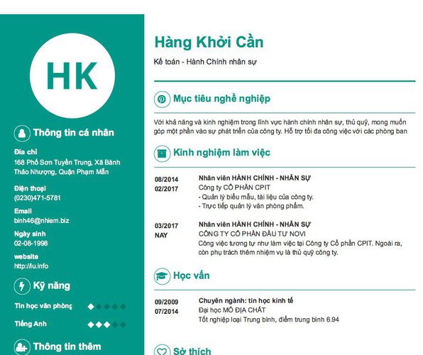 Mẫu CV Kế toán - Hành Chính nhân sự