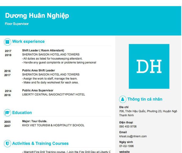Mẫu CV Floor Supervisor