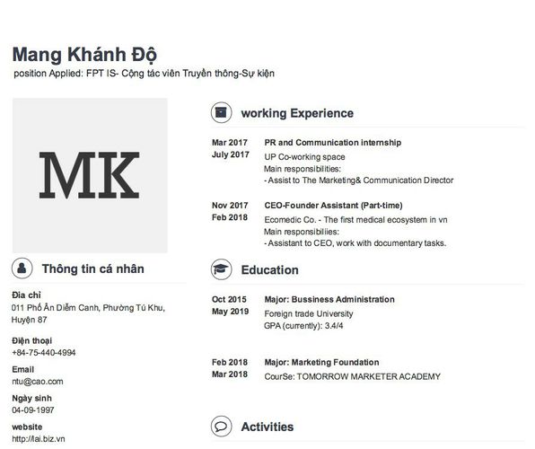 Gợi ý cách viết Mẫu CV tham khảo  position Applied: FPT IS- Cộng tác viên Truyền thông-Sự kiện