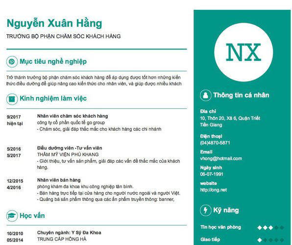 Mẫu CV TRƯỞNG BỘ PHẬN CHĂM SÓC KHÁCH HÀNG