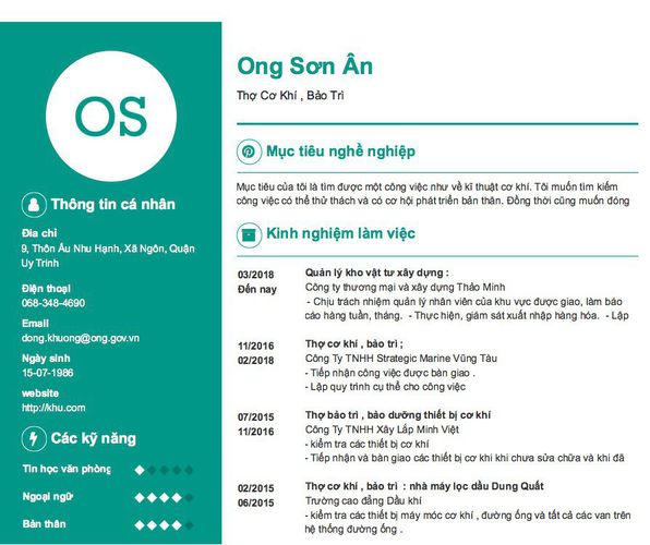 Gợi ý cách viết Mẫu CV tham khảo Thợ Cơ Khí , Bảo Trì