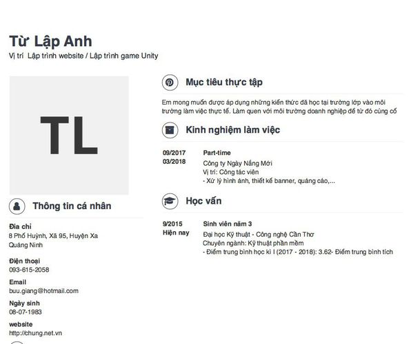 Mẫu CV Vị trí  Lập trình website / Lập trình game Unity