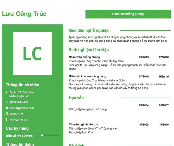 Mẫu CV Giám sát buồng phòng