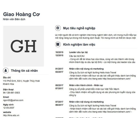 Mẫu CV Nhân viên Biên dịch