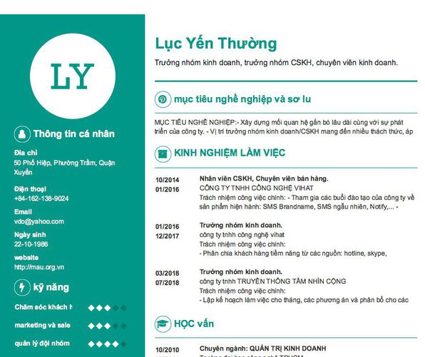 Mẫu CV Trưởng nhóm kinh doanh, trưởng nhóm CSKH, chuyên viên kinh doanh.