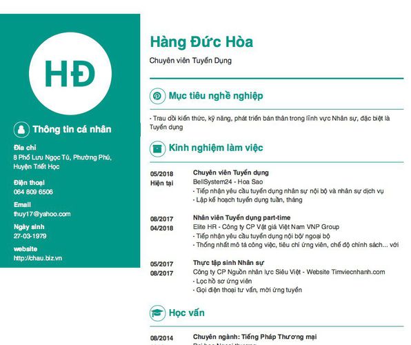 Mẫu CV Chuyên viên Tuyển Dụng