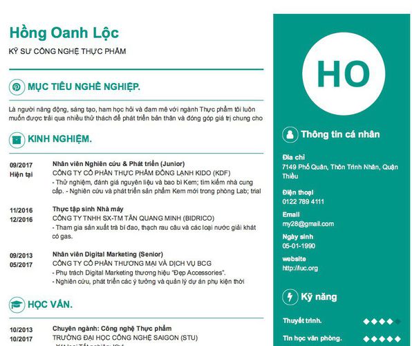 Mẫu CV KỸ SƯ CÔNG NGHỆ THỰC PHẨM