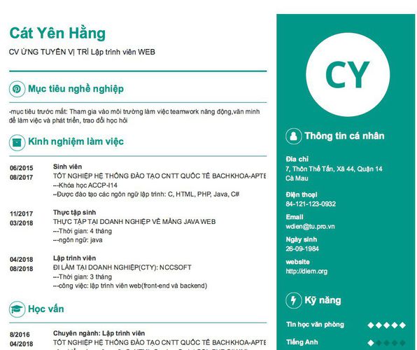 Mẫu CV CV ỨNG TUYỂN VỊ TRÍ Lập trình viên WEB