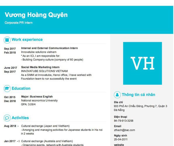 Mẫu CV Corporate PR Intern