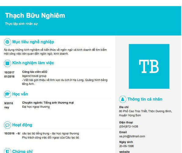 Mẫu CV Thực tập sinh nhân sự