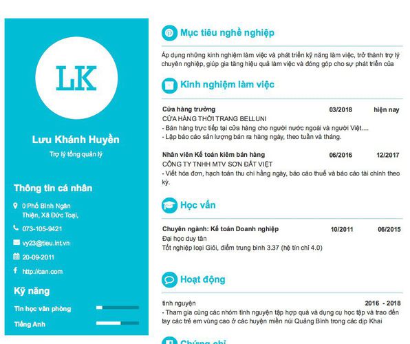 Mẫu CV Trợ lý tổng quản lý