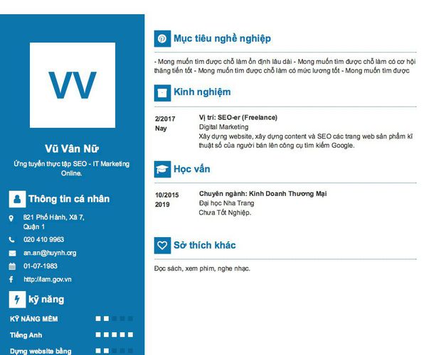 Gợi ý cách viết Mẫu CV tham khảo Ứng tuyển thực tập SEO - IT Marketing Online.