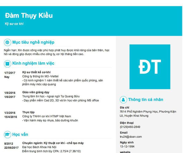 Mẫu CV Kỹ sư cơ khí
