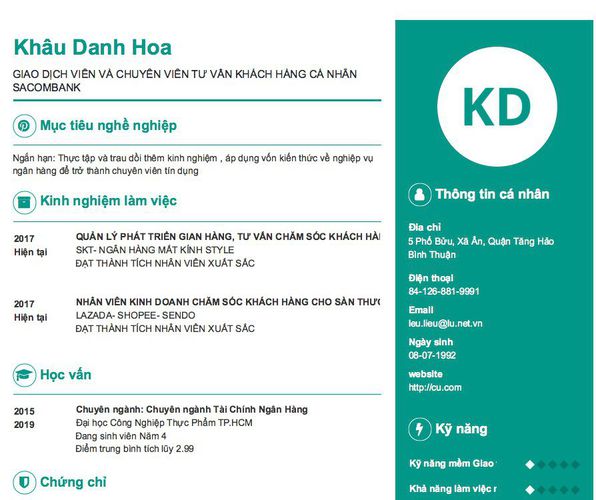 Gợi ý cách viết Mẫu CV tham khảo GIAO DỊCH VIÊN VÀ CHUYÊN VIÊN TƯ VẤN KHÁCH HÀNG CÁ NHÂN SACOMBANK