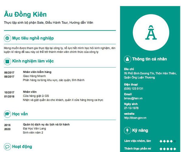 Mẫu CV Thực tập sinh bộ phận Sale, Điều Hành Tour, Hướng dẫn Viên