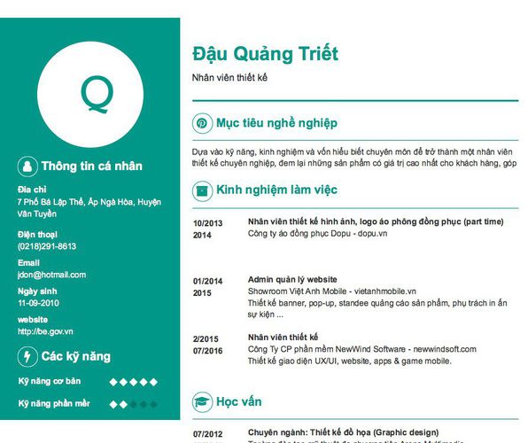 Mẫu CV Nhân viên thiết kế