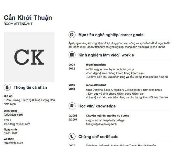 Mẫu CV ROOM ATTENDANT