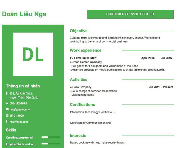 Mẫu CV CUSTOMER SERVICE OFFICER