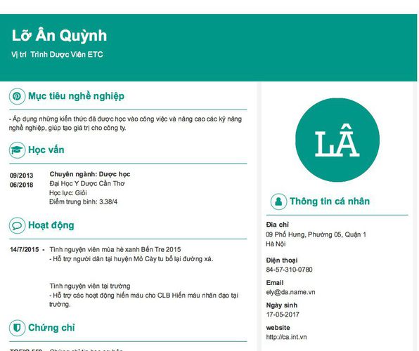 Mẫu CV Vị trí  Trình Dược Viên ETC