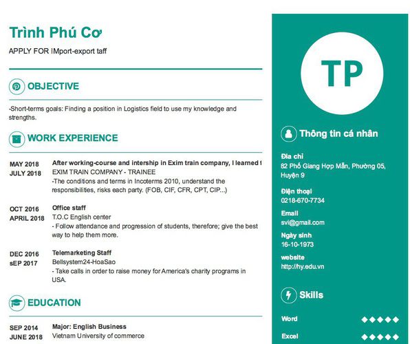 Mẫu CV APPLY FOR IMport-export taff