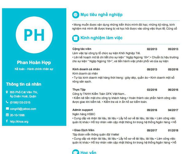 Mẫu CV Kế toán - Hành chính nhân sự