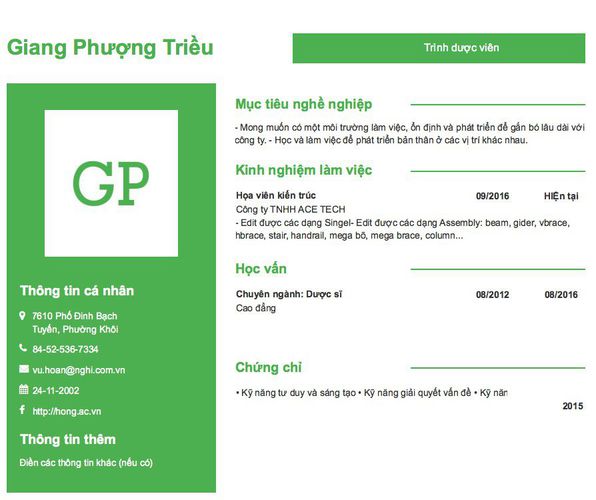 Mẫu CV                 Trình dược viên