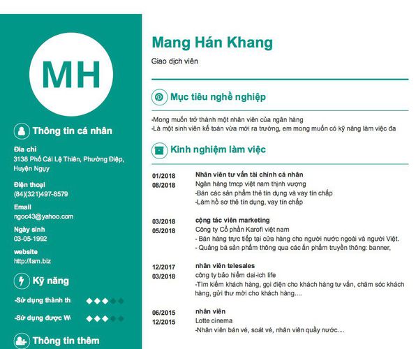 Mẫu CV Giao dịch viên