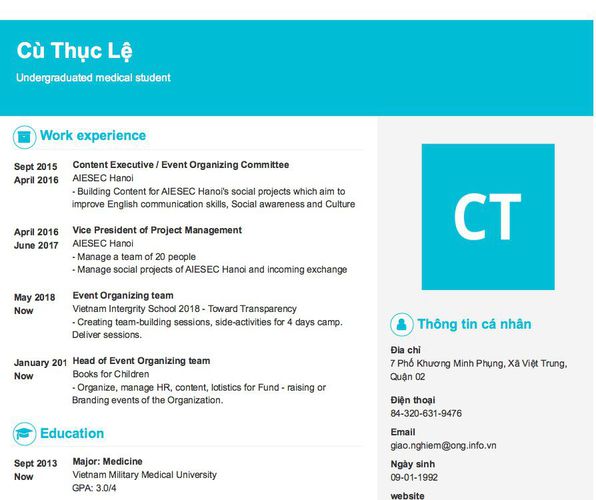 Mẫu CV Undergraduated medical student