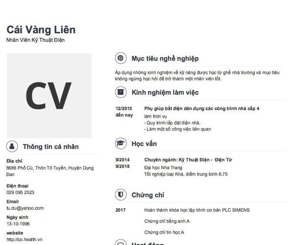 Mẫu CV Nhân Viên Kỹ Thuật Điện